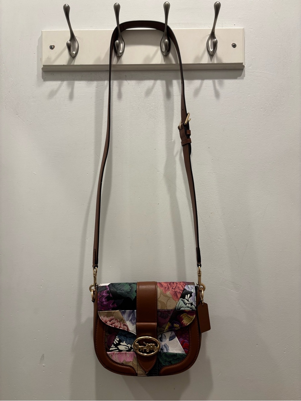 Coach Multicolor Floral Patchwork Crossbody with Brown Leather Trim